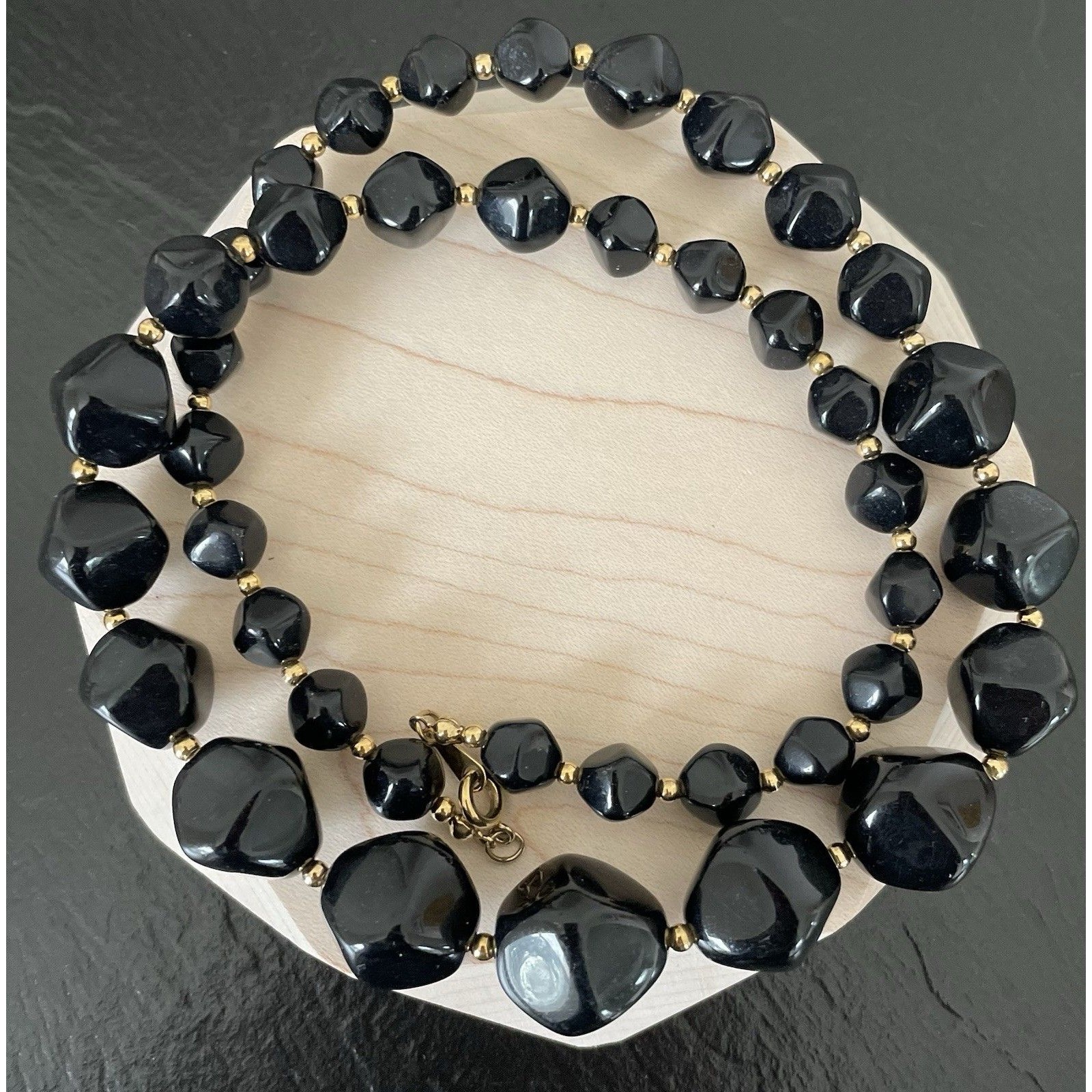 Vintage Avon Black Gold Tone Acrylic Beaded Graduated Necklace, 24" L #795